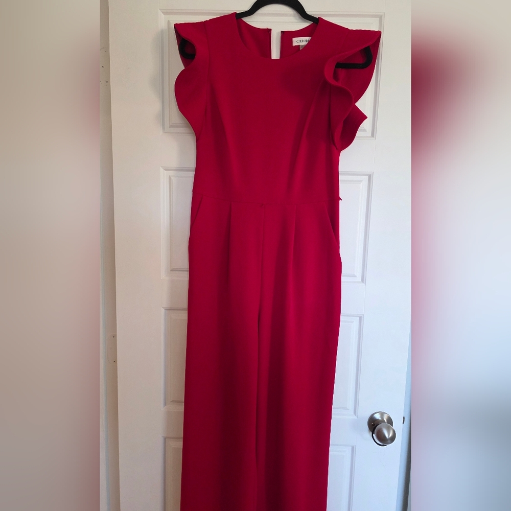Calvin Klein Red Ruffle-Sleeve Jumpsuit - Picture 3 of 6
